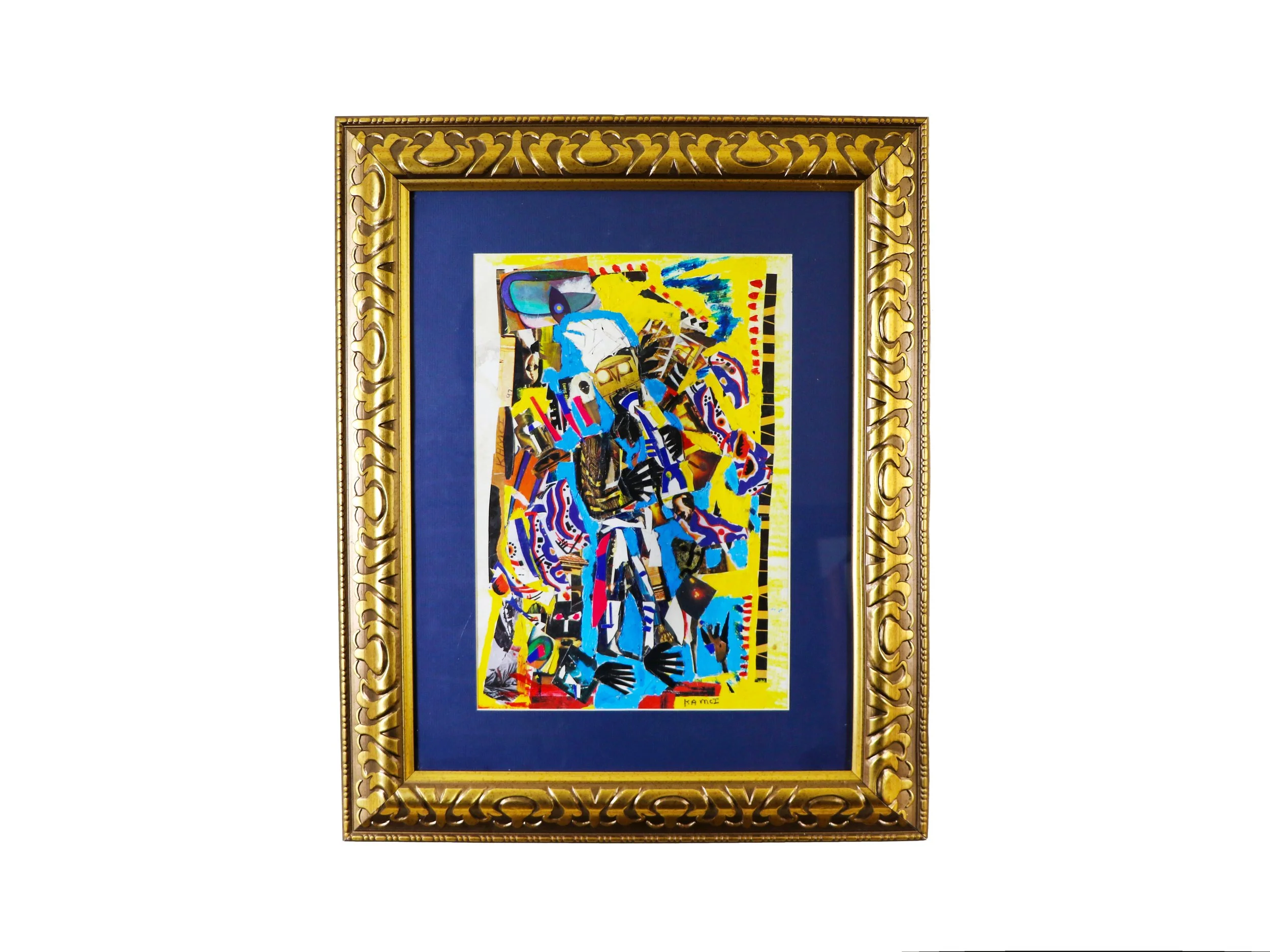 Mixed media collage artwork by Karl A. McIntosh featuring colorful abstract shapes and layered patterns in an ornate gold frame with a navy blue mat.