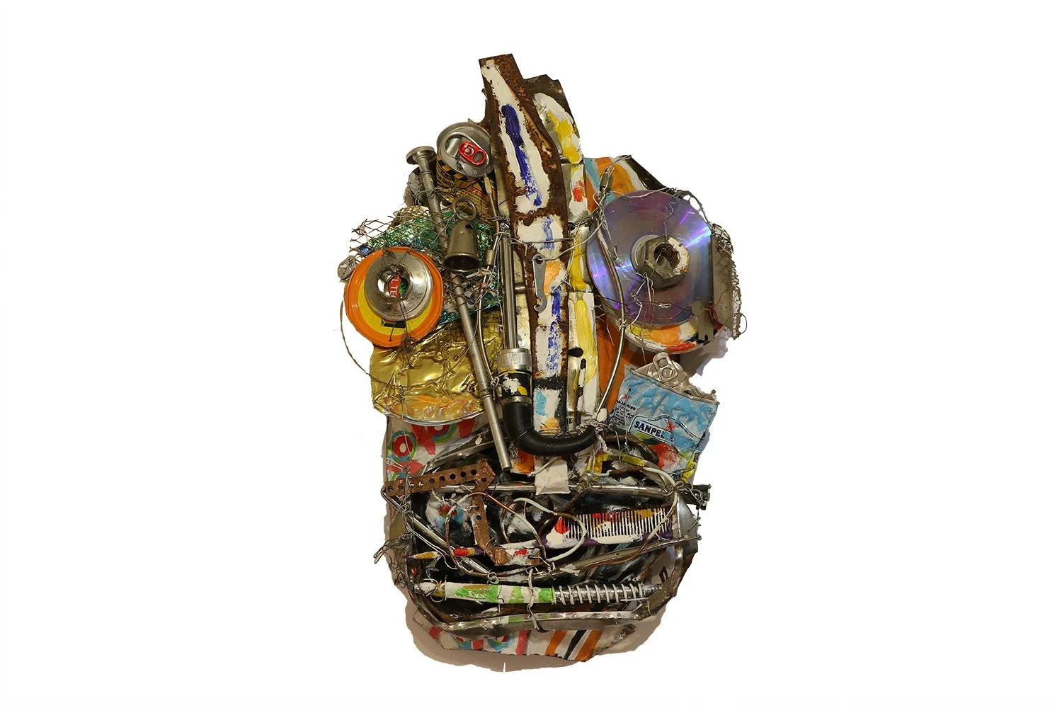 Found object mask sculpture by Karl A. McIntosh featuring a human face created from salvaged metal parts, recycled plastic components, gears, and found materials.