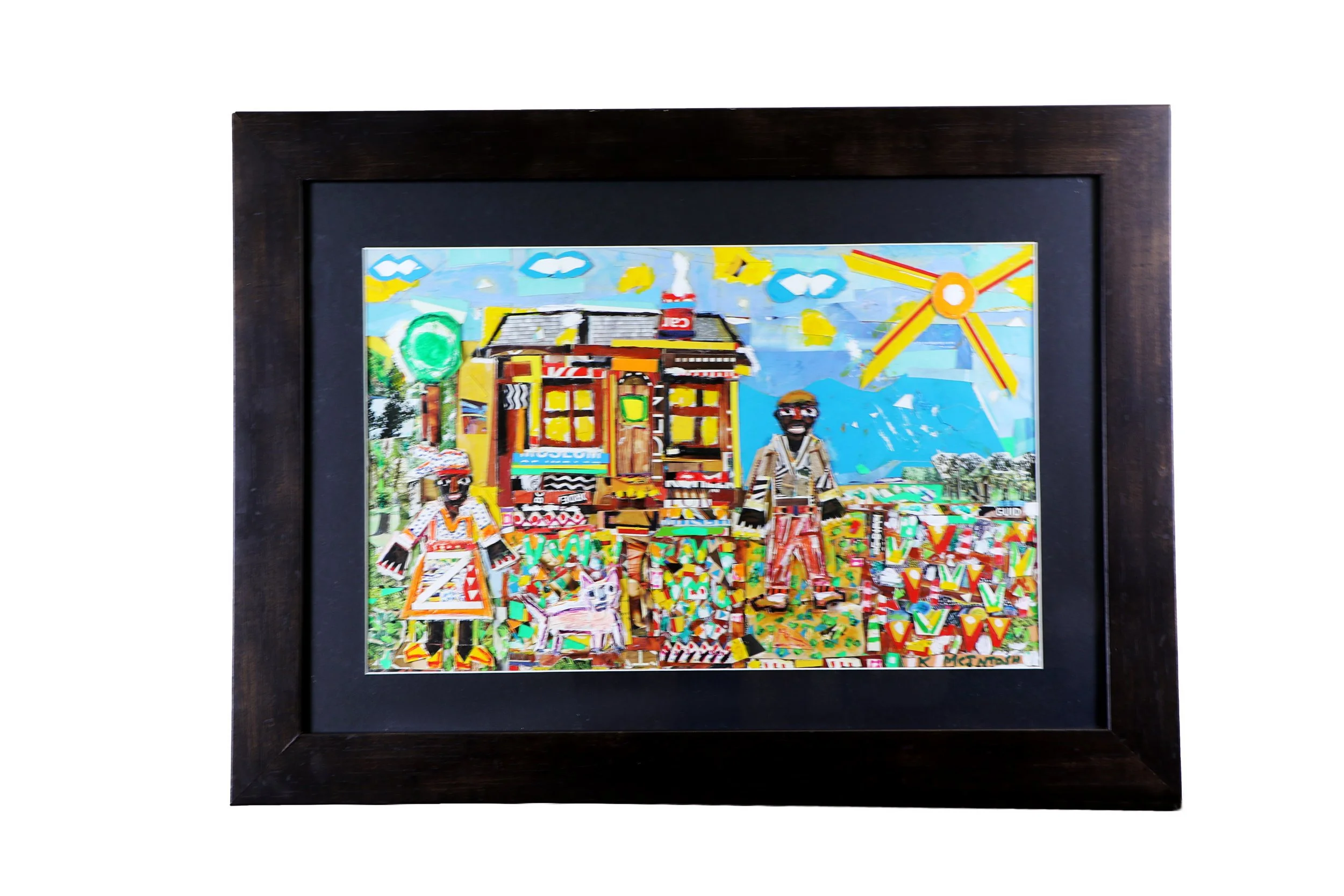 Mixed media collage artwork by Karl A. McIntosh featuring a colorful cityscape with buildings, a bright sun, blue sky, and layered paper elements in a black frame.