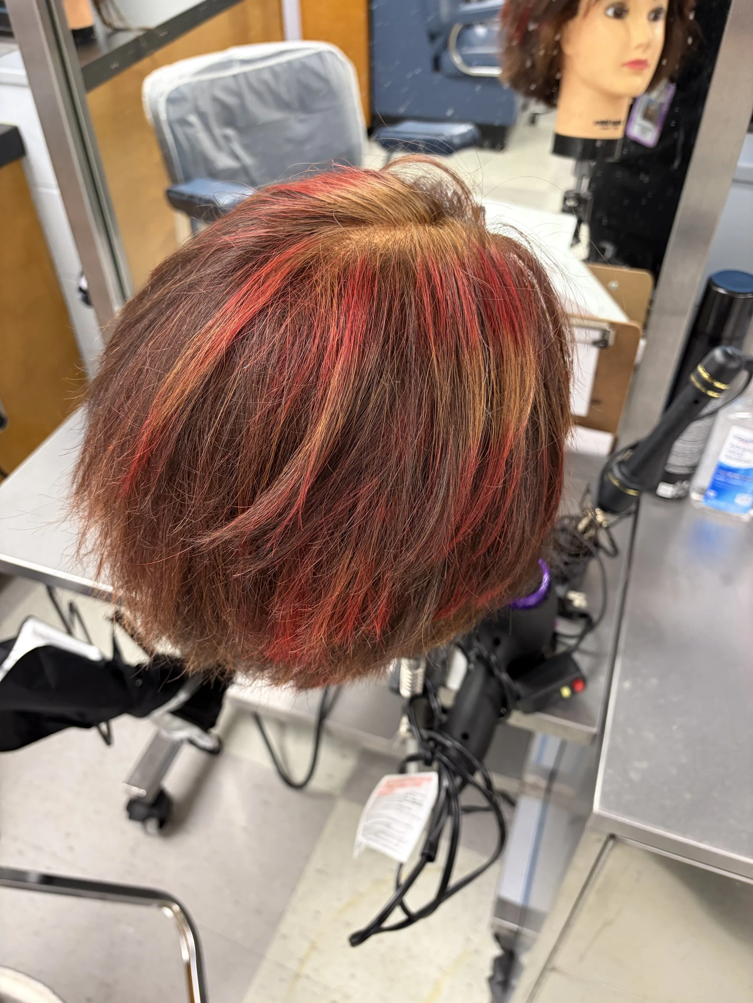 Cut and color- bob with 45 degree layers- Cola red base with alternating bright red and blonde highlights + red and blonde raccoon stripes