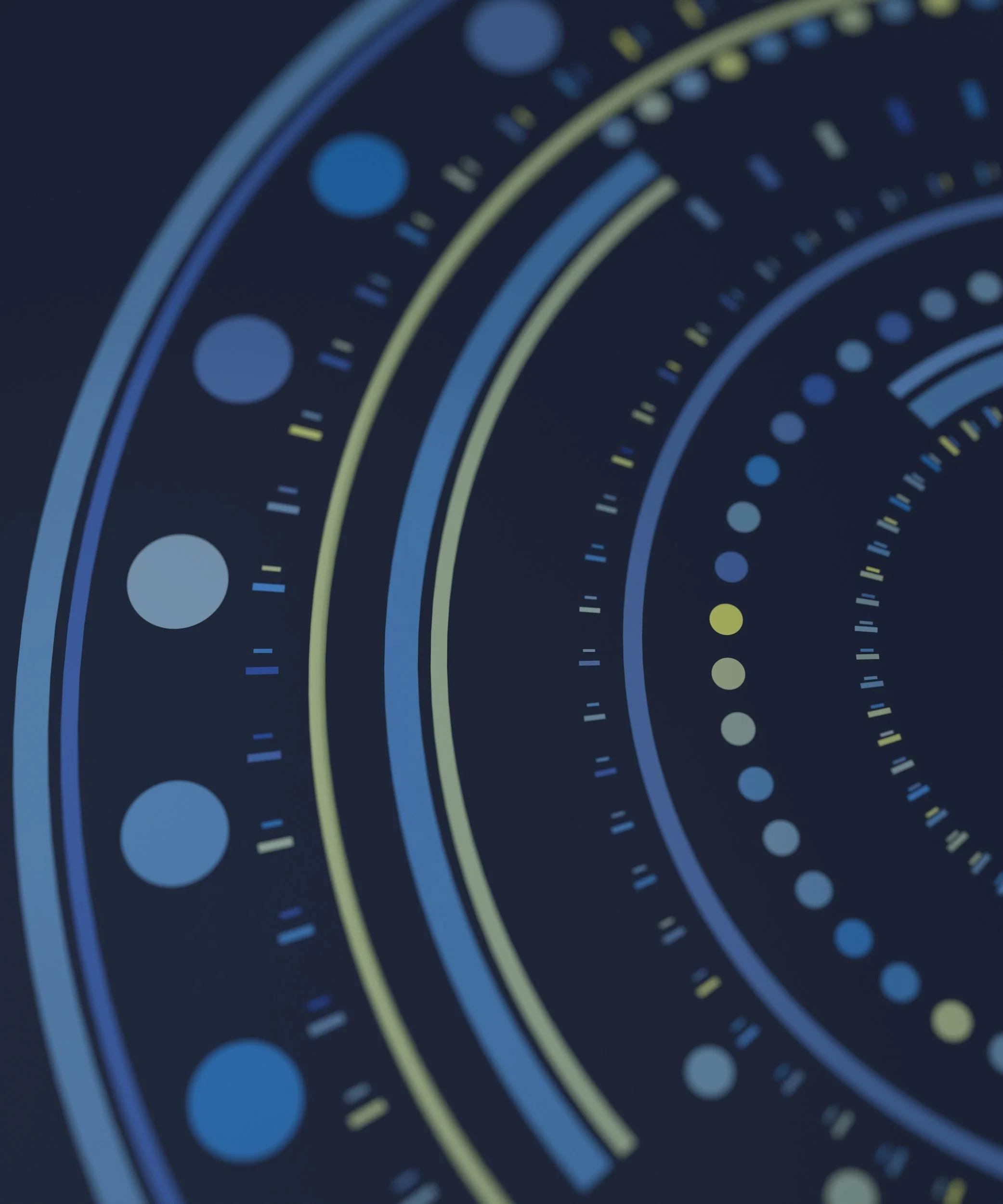 Close-up of a futuristic digital display with blue, yellow, and white circular and linear patterns on a dark background.