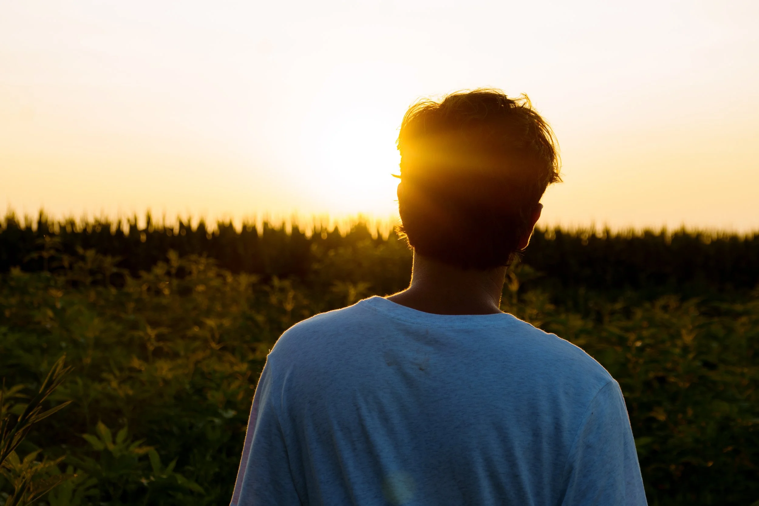 Person with short hair and a white shirt standing outdoors during sunset, looking towards the horizon with a warm glow from the setting sun.