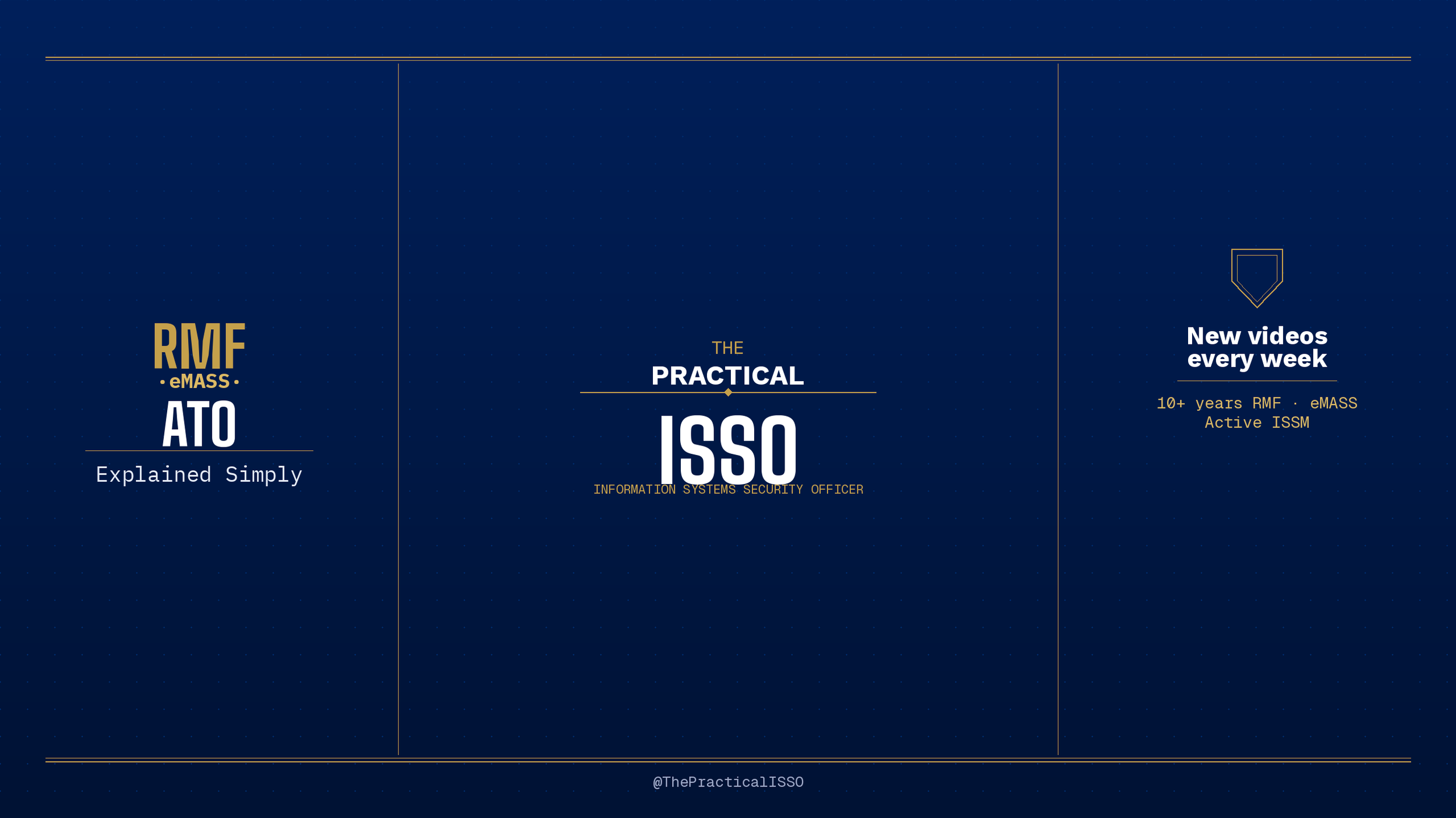 The Practical ISSO hero banner featuring RMF, eMASS, and ATO topics on a navy-blue background