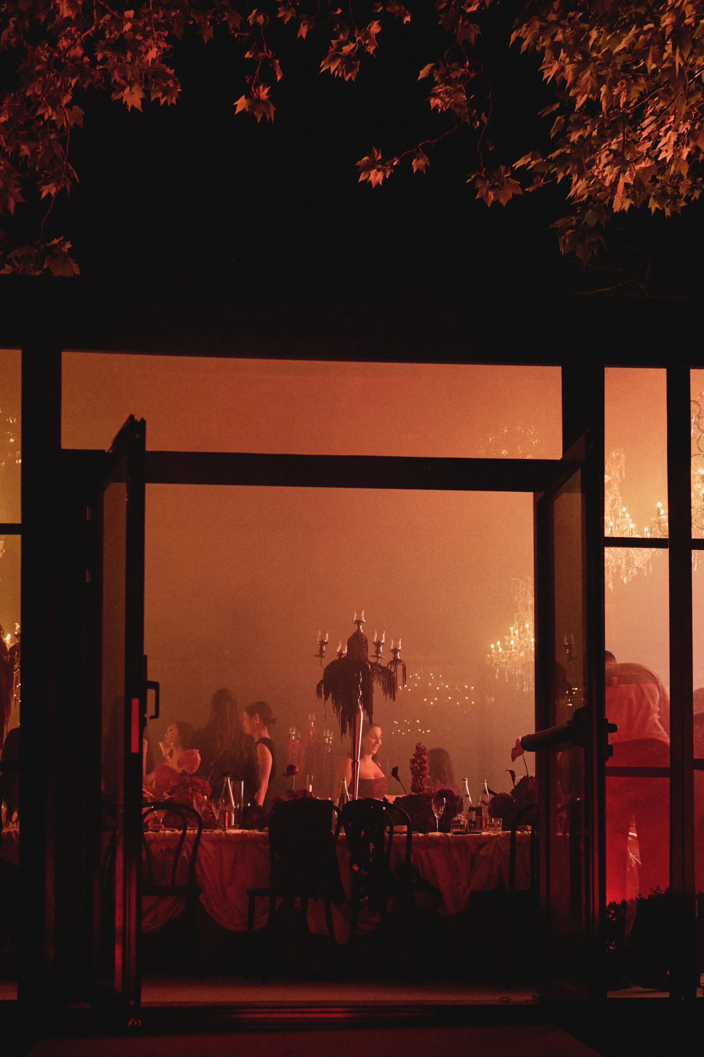 People gather inside a dimly lit, elegant venue with chandeliers and floral arrangements, seen through an open door with trees and the night sky visible outside.