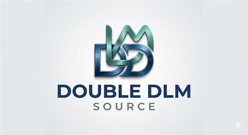 Logo for Double DLM Source with overlapping stylized letters 'D' and 'L' in shades of blue and green.