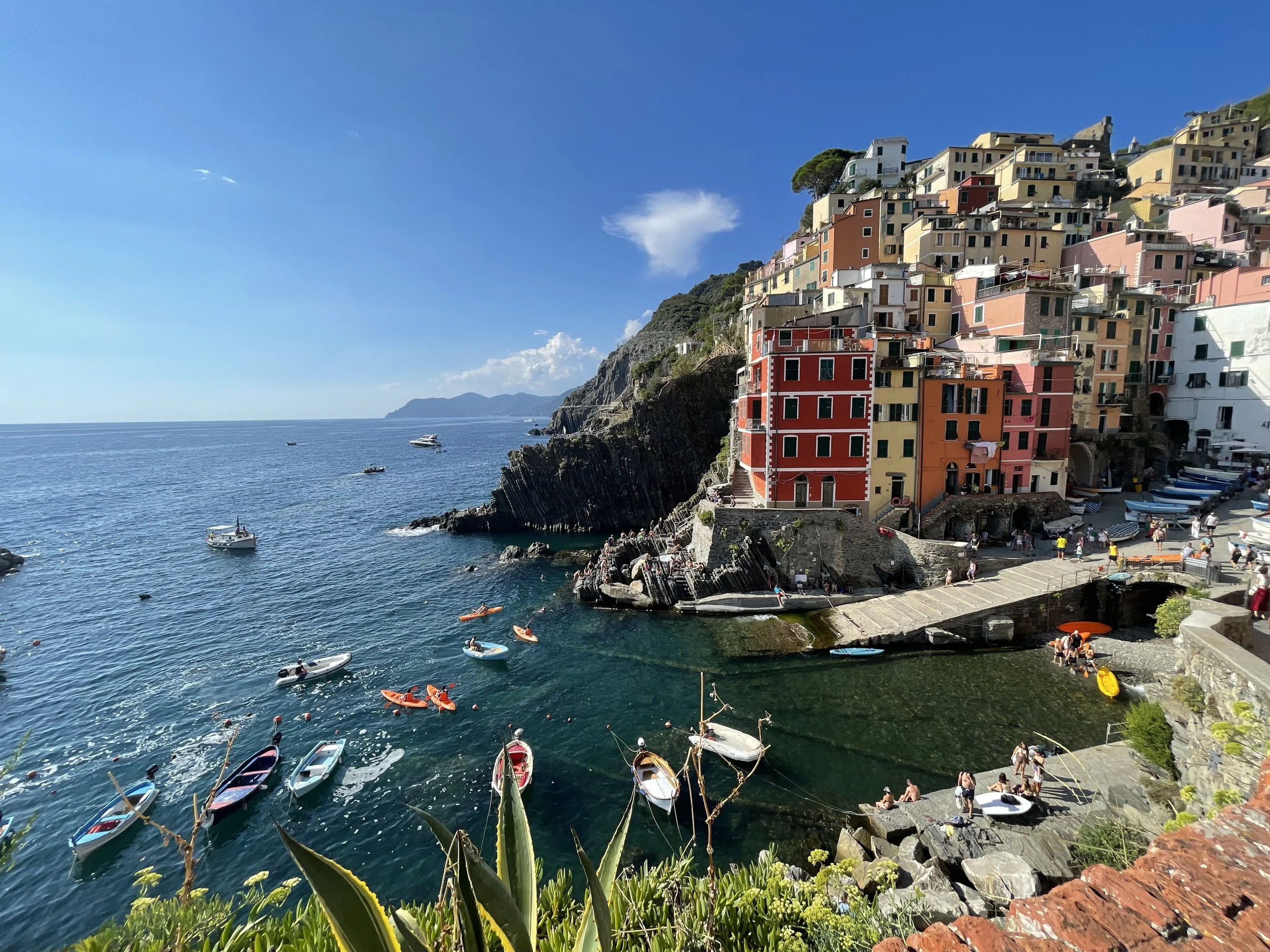 Colorful houses built on a steep hillside overlooking the ocean with boats in the water.