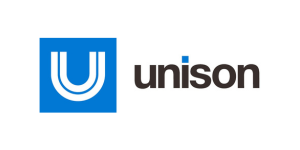 Unison logo featuring a blue square with a white stylized letter 'U' and the word 'unison' in black text.