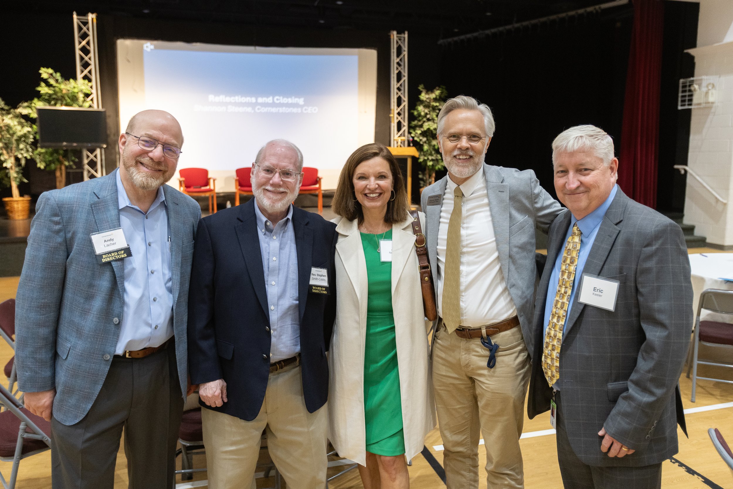Affordable housing leaders of Northern Virginia, Andy Lacher, Reverend Stephen Smith-Cobbs, Jill Norcross of NVAHA, Cornerstones CEO Shannon Steene, and Eric Keller of Loudoun County Department of Housing and Community Development.