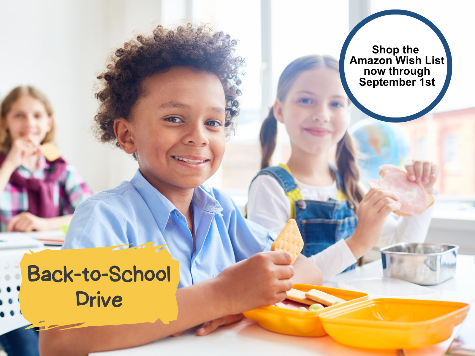 Smiling children eating lunch at school for a back-to-school drive promotion.
