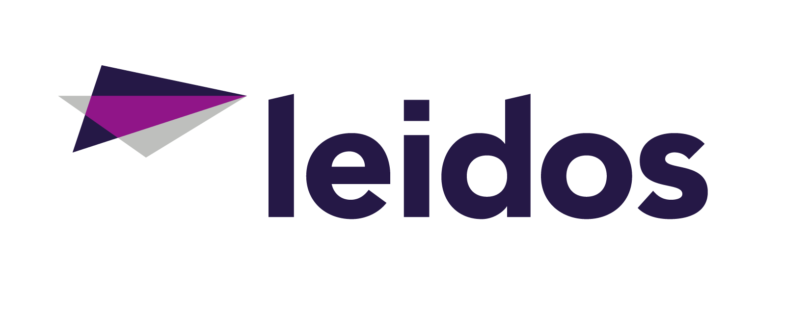 Leidos logo with stylized paper airplane graphic and company name in purple and black text