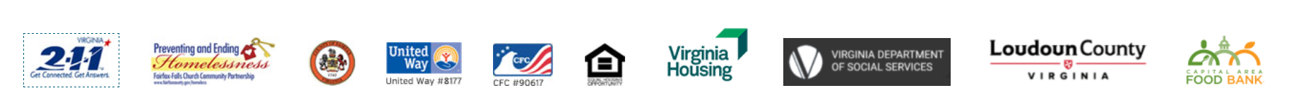 A lineup of logos from various organizations including 2-1-1 Virginia, Fair-Fall Church Homelessness Prevention, local government, United Way, Virginia Cooperative Extension, Fairfax County, Virginia Housing, Virginia Department of Social Services, Loudoun County Virginia, and Capital Area Food Bank.