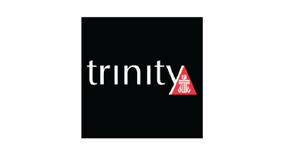 Black background with the word 'trinity' in lowercase white letters, and a red triangle with white Christian cross symbols to the right.
