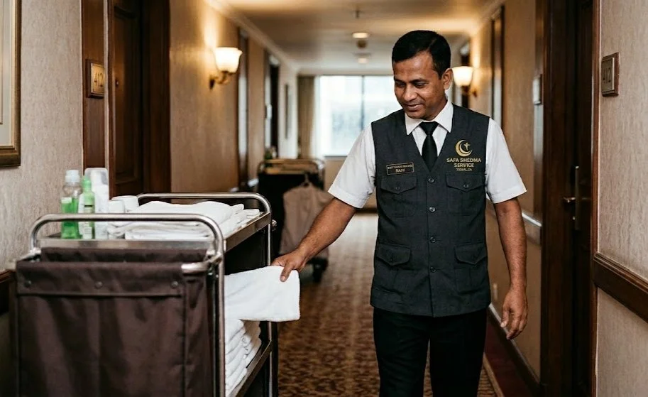 A hotel staff member, in a uniform with a name tag and logo, is rolling a cart with towels and toiletries down a hotel hallway.