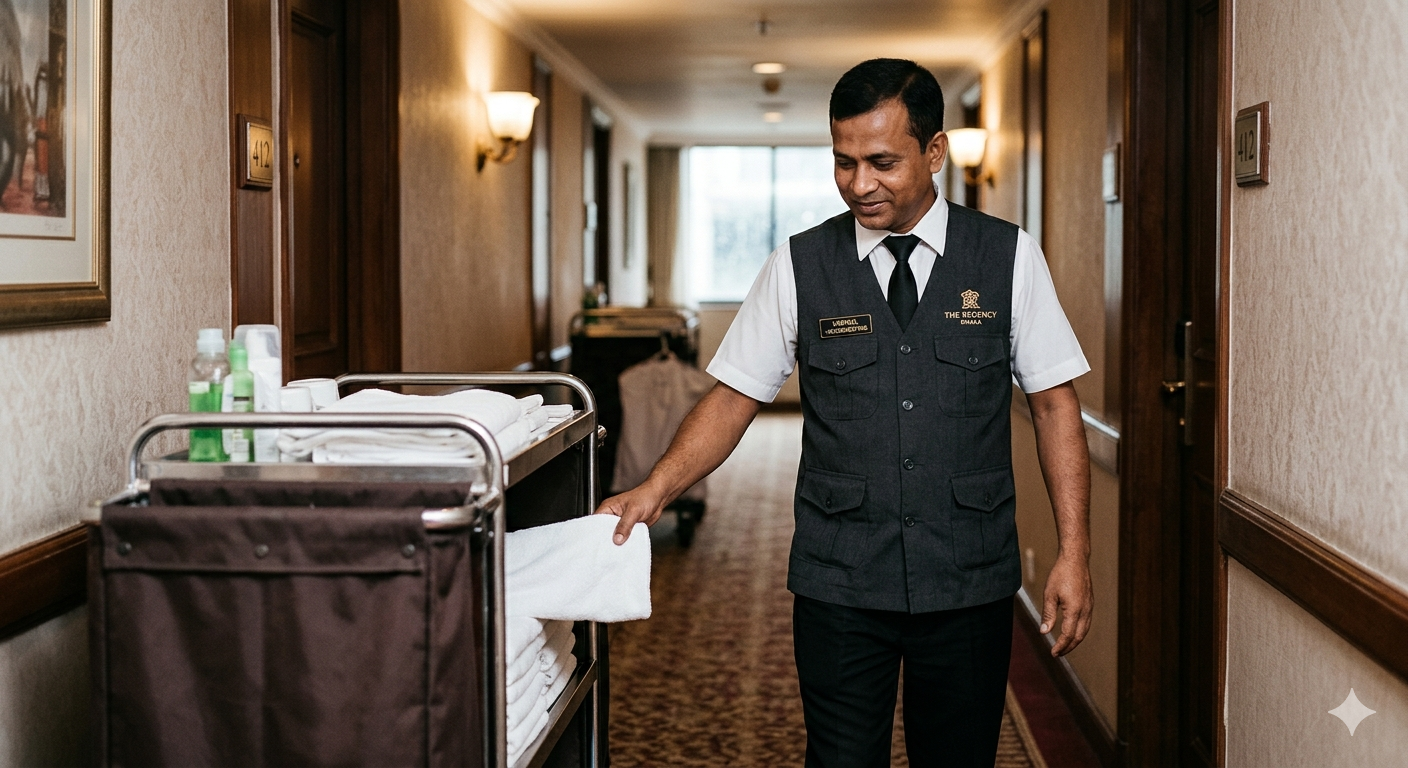 A hotel staff member, dressed in a black vest and white shirt, is tidying a cart with folded towels and toiletries in a hotel hallway.
