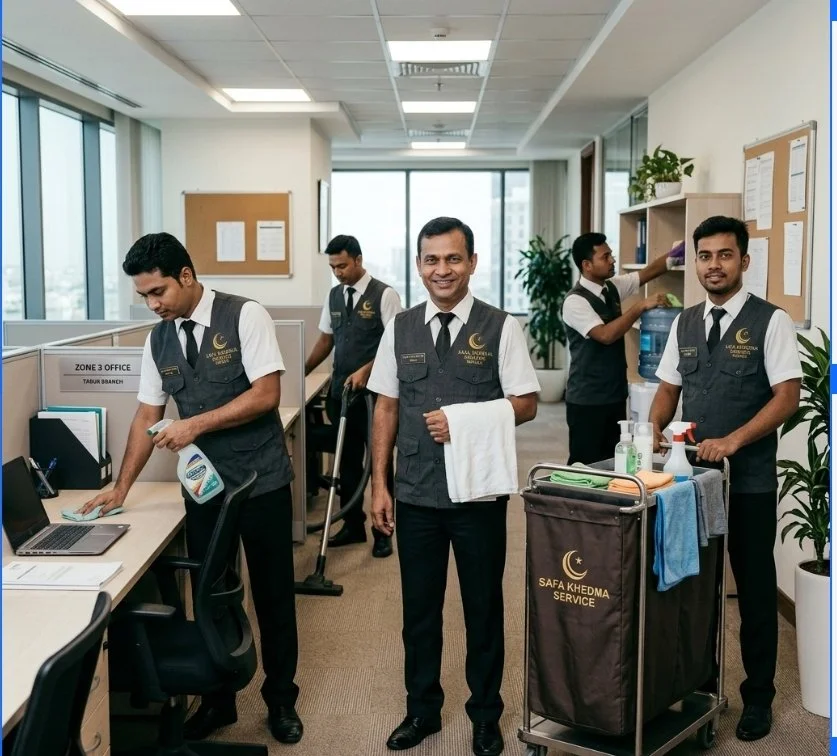 Five male cleaning staff in uniform working and posing in an office, with cleaning supplies and equipment.