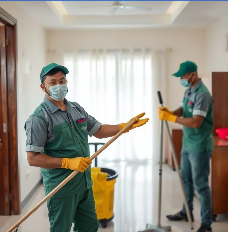 Two janitors wearing masks, gloves, and uniforms cleaning an indoor space with cleaning tools.