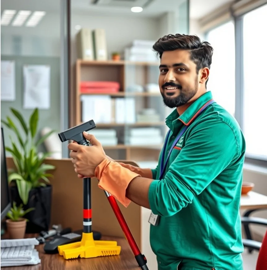 A man in a green uniform with orange cuffs holding a mop in an office environment, smiling at the camera, with bookshelves and a plant in the background.