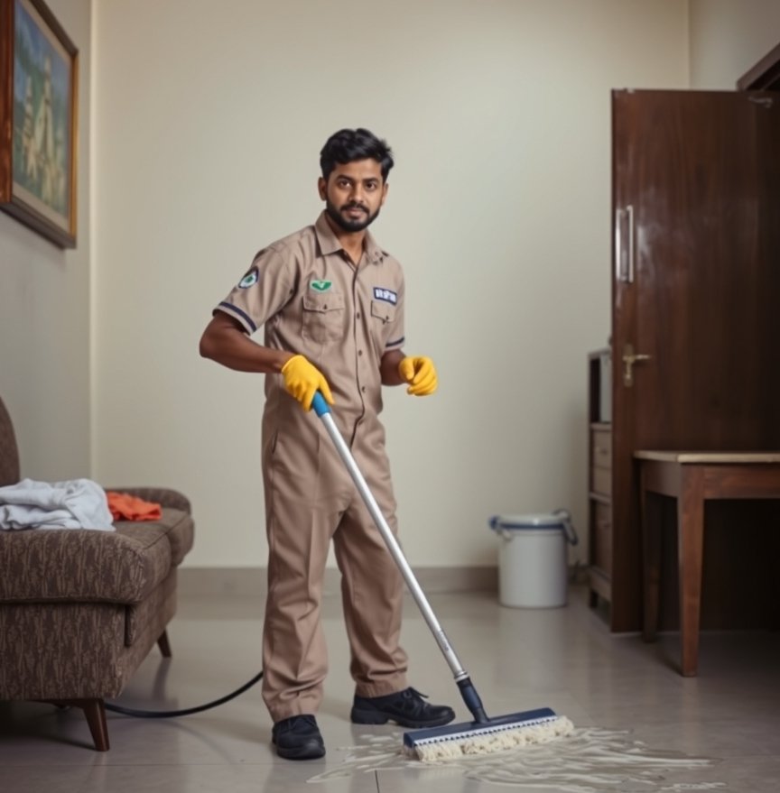 Man in a uniform cleaning the floor with a mop in a room with a beige wall, a brown sofa, a painting on the wall, and wooden furniture.