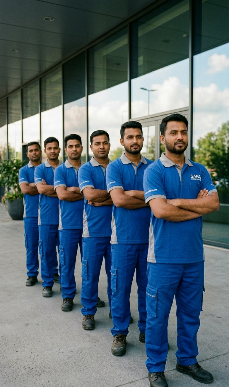 A group of seven men dressed in blue uniforms with gray accents standing in a line outside a modern building with glass windows, arms crossed, posing for a team photo.