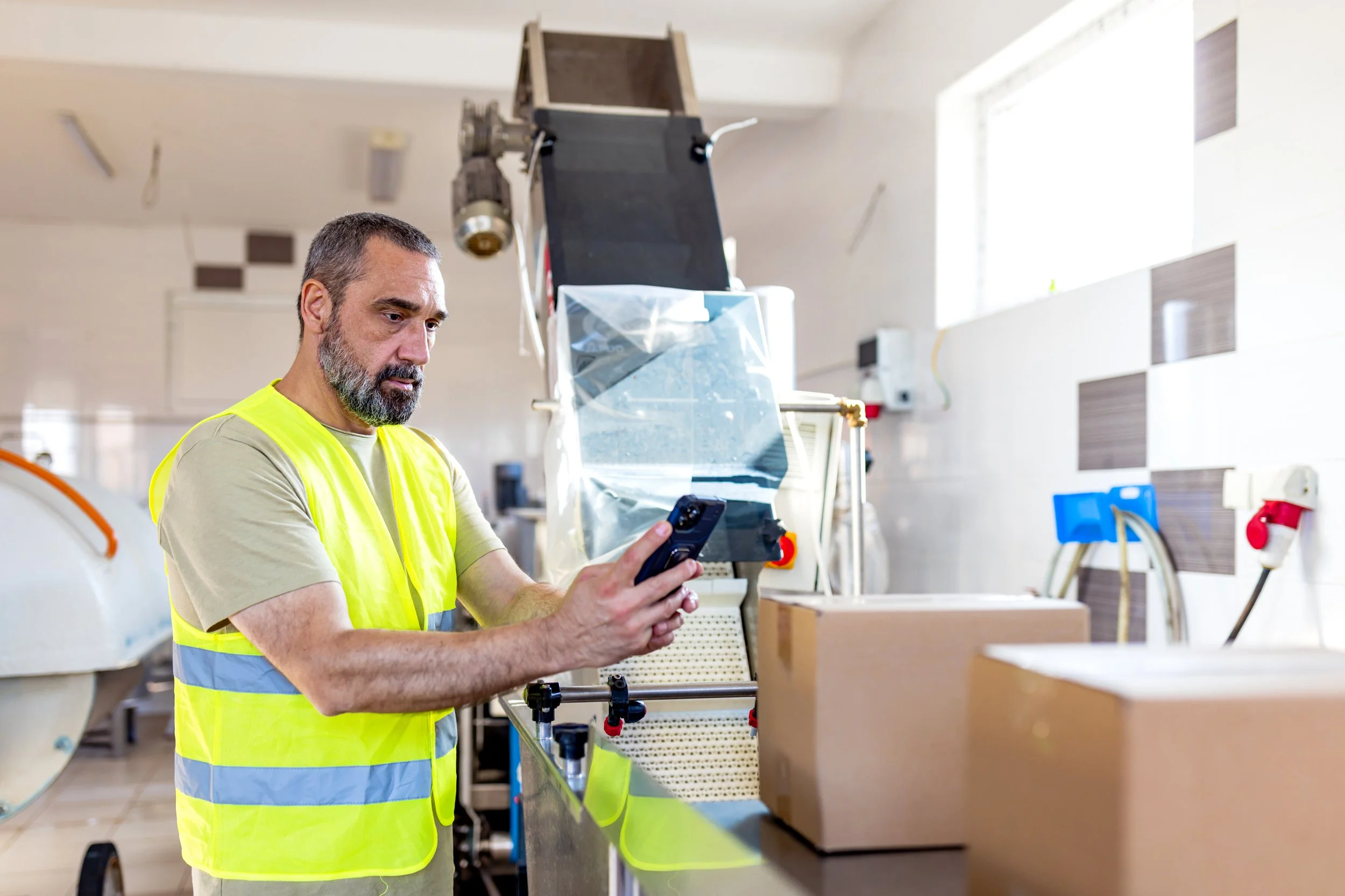 A man with a beard wearing a yellow safety vest looks at his phone while working in a laboratory or workshop. Various equipment and tools are visible on the table and walls.