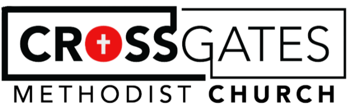Logo of CrossGates Methodist Church with a red cross in the letter 'O' in 'CROSSGATES'.