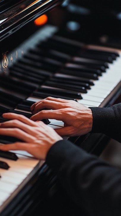 Close-up of hands playing piano keys on a black grand piano