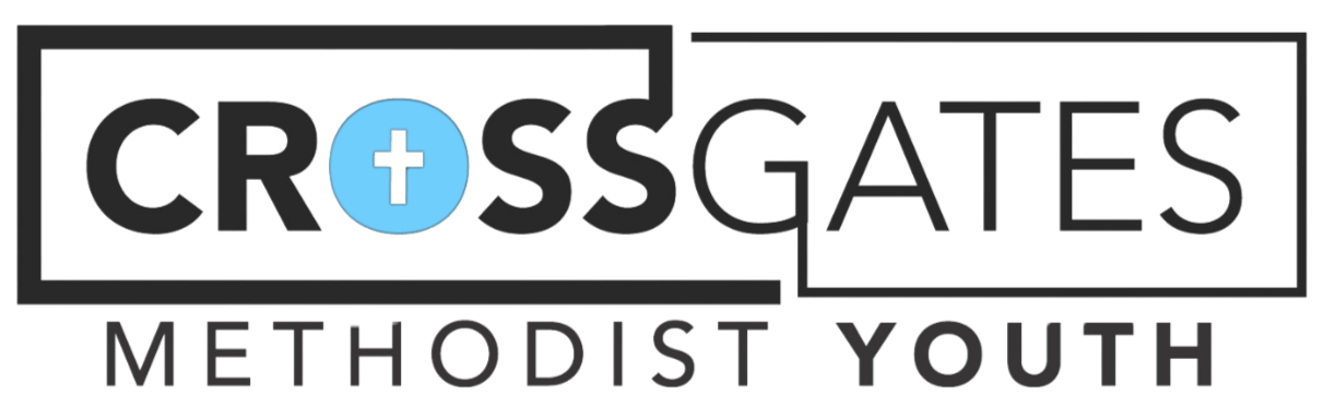 Logo for CrossGates Methodist Youth, with the words 'CrossGates' and 'Methodist Youth', and a cross symbol inside a blue circle in the letter 'O'.