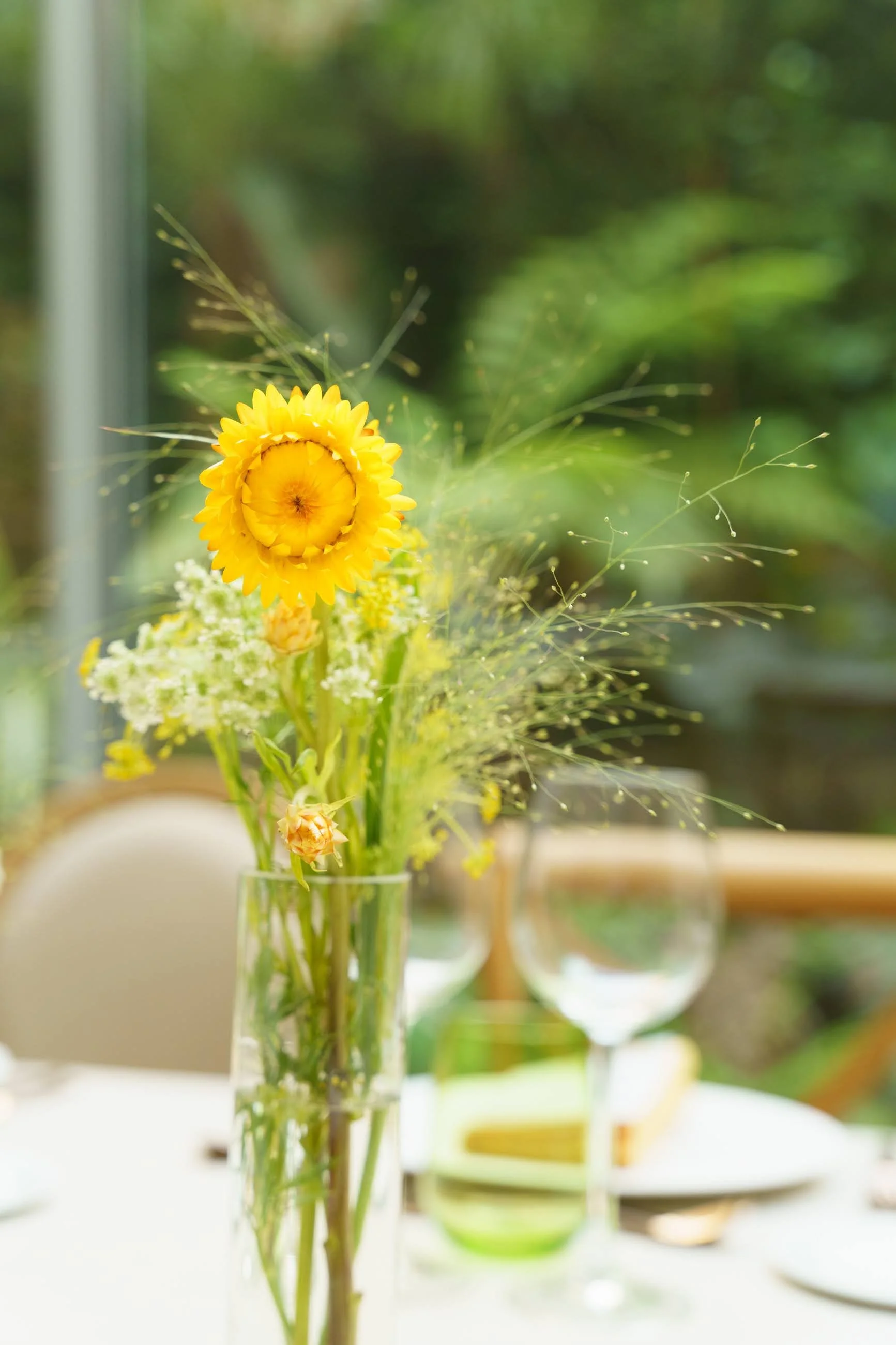 Composition florale avec une fleur jaune centrale dans un vase en verre transparent, entourée de petites fleurs blanches et de fines tiges vertes, devant un fond flou vert et fenêtres.