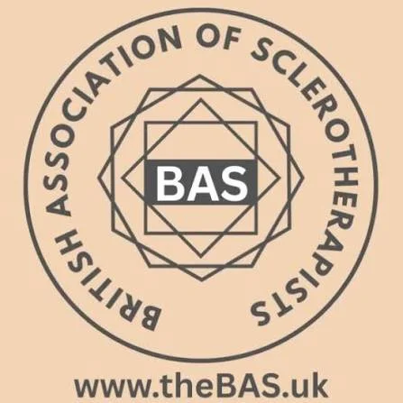 Logo of the British Association of Sclerotherapy with the website www.theBAS.uk