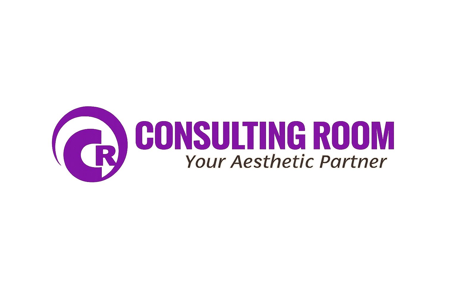 Logo for Consulting Room with a purple circular symbol containing a letter 'C' and an arrow pointing right, accompanied by the text 'Consulting Room' in purple and tagline 'Your Aesthetic Partner' in black.