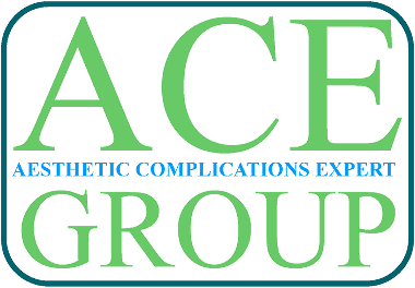 Logo for Ace Group featuring green text 'ACE' and 'GROUP' with blue slogan 'Aesthetic Complications Expert' underneath.