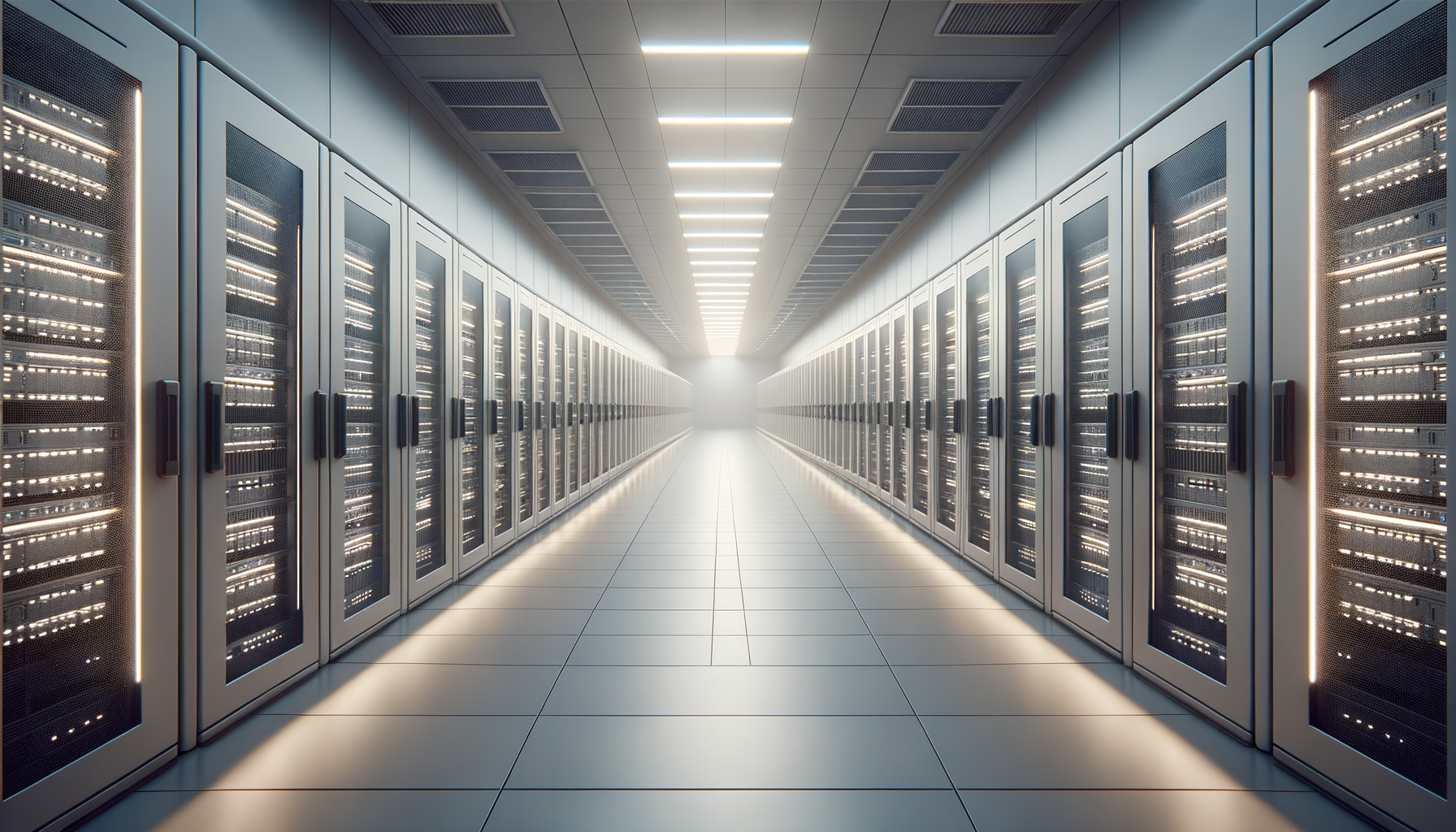 A long, symmetrical hallway in a modern data center with server racks on both sides, illuminated by overhead linear LED lights, fading into bright light at the far end.