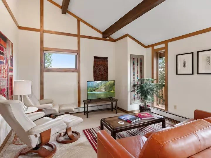 Living room with white armchairs, a leather sofa, a wooden coffee table, a flat-screen TV, and windows with curtains, decorated with framed artwork and a potted plant.