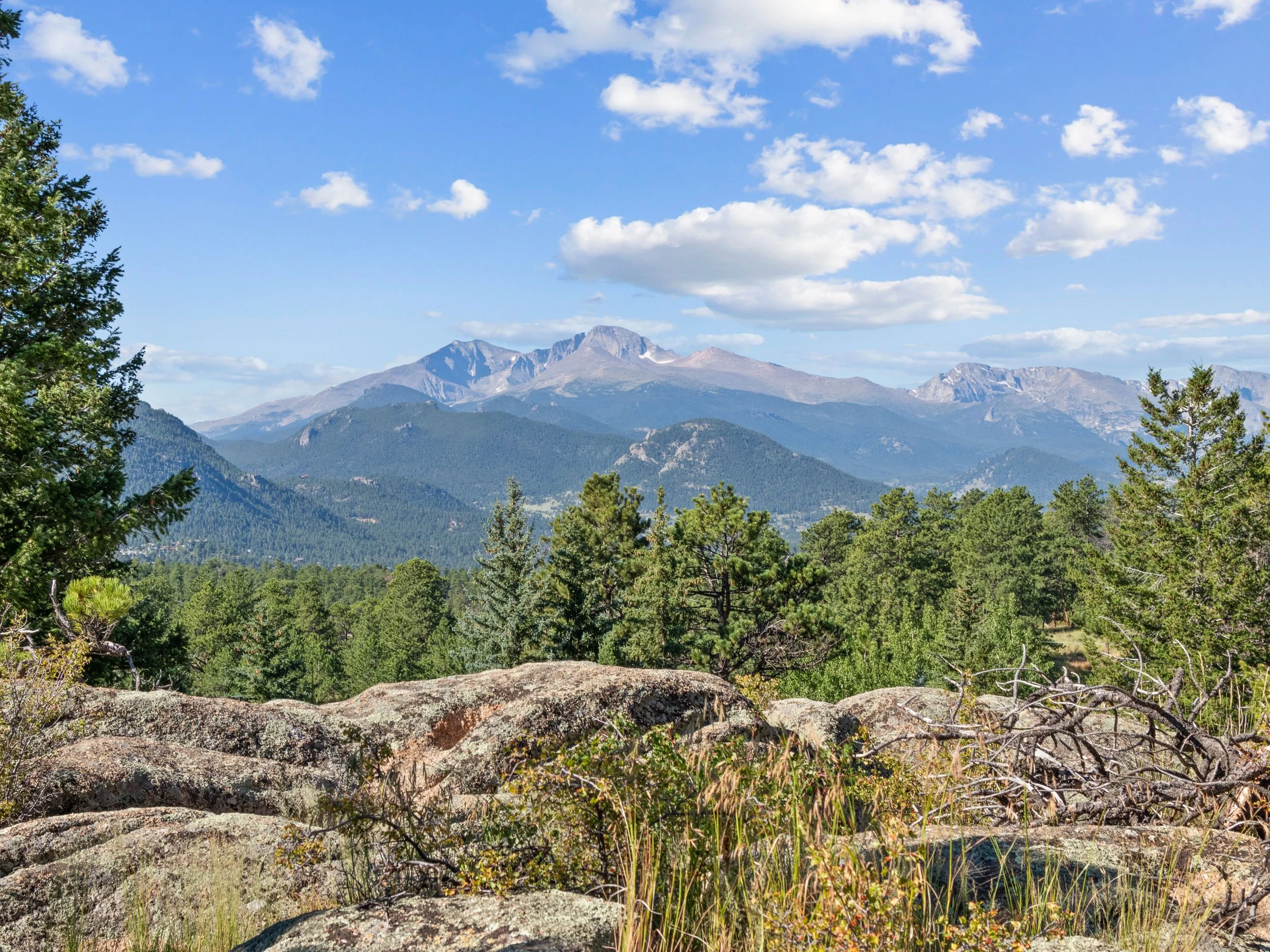 Mountain range with rocky peaks under a bright blue sky and scattered white clouds, surrounded by lush green forest and rocks in the foreground.