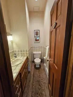 A small bathroom with a wooden door open, a single sink vanity with a mirror, a toilet, a framed picture on the wall, and wood-patterned flooring.