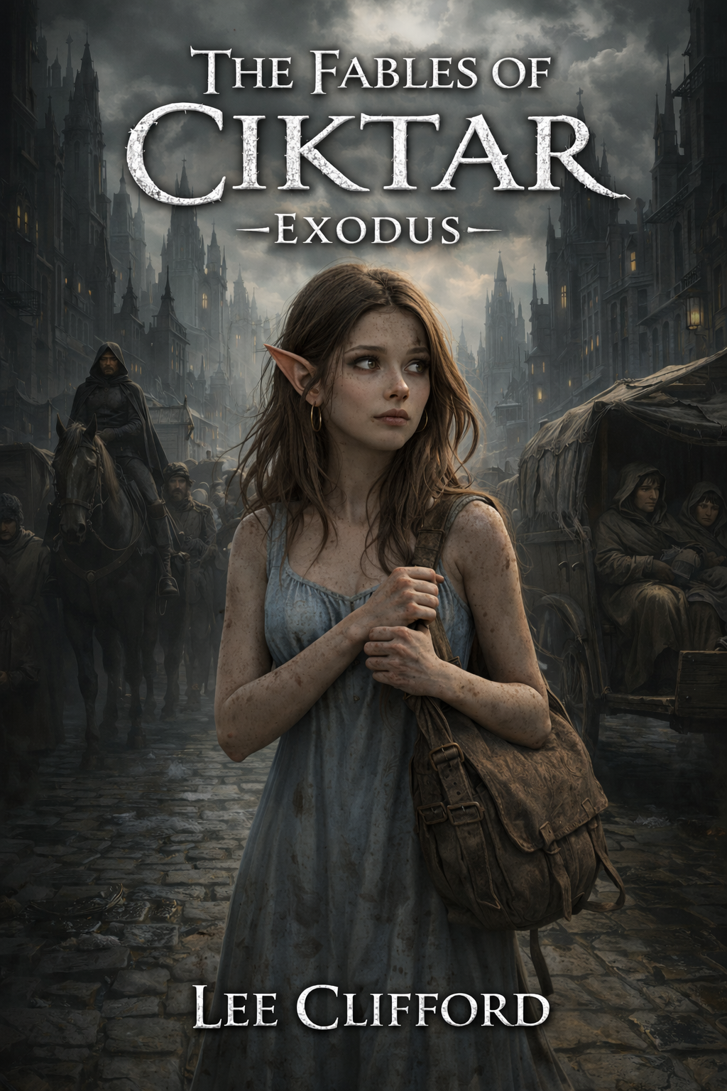 Book cover for "The Fables of Cikhtar Exodus" by Lee Clifford, featuring a young woman with elf-like ears, carrying a bag, standing in a medieval city street with dark clouds, gothic buildings, and a group of people, including a man on horseback, in the background.