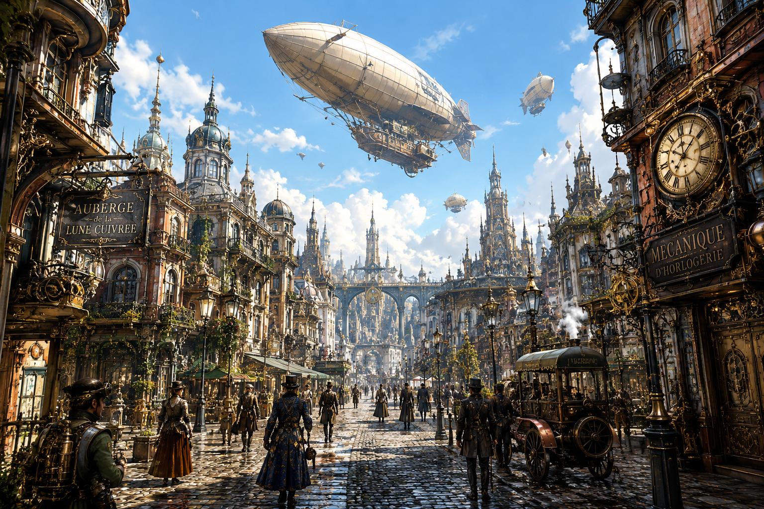 A steampunk city street scene with ornate buildings, airships flying overhead, and people dressed in Victorian attire.