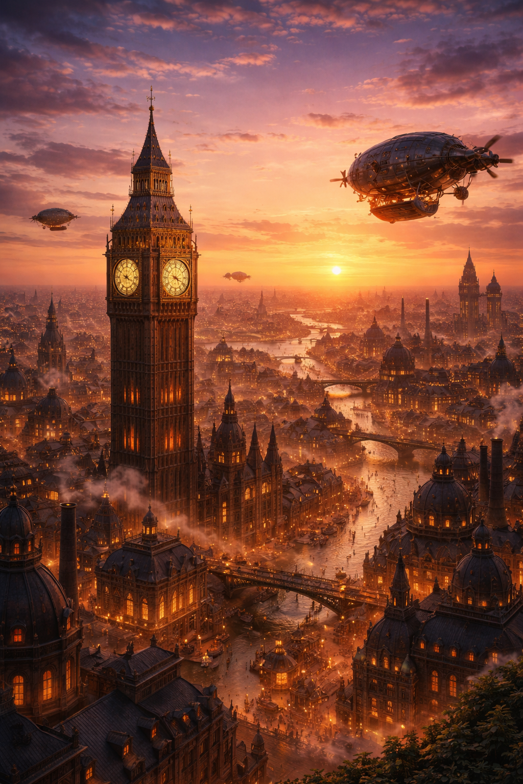 A futuristic cityscape featuring Big Ben and London, with flying airships and a sunset sky.