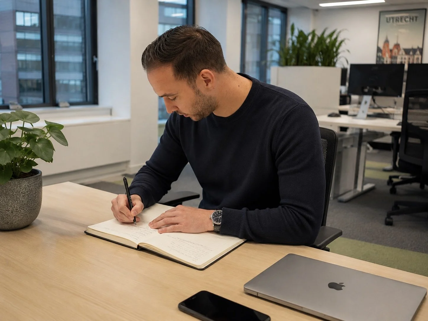 Man schrijft in een notitieboek op een bureau in een modern kantoor, met een macbook, smartphone en planten op tafel.