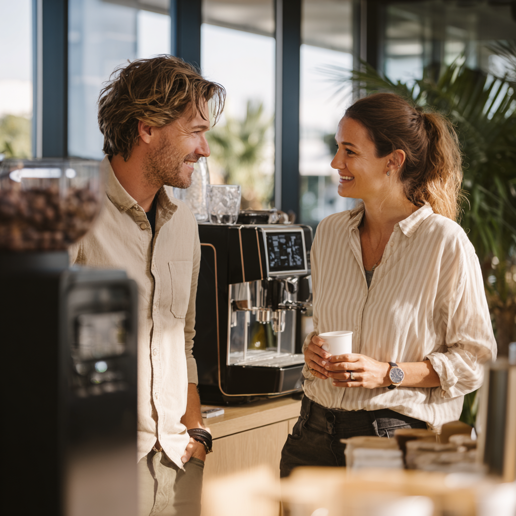 Twee mensen die in een koffiebar lachen en praten, met een espressoapparaat op de achtergrond.