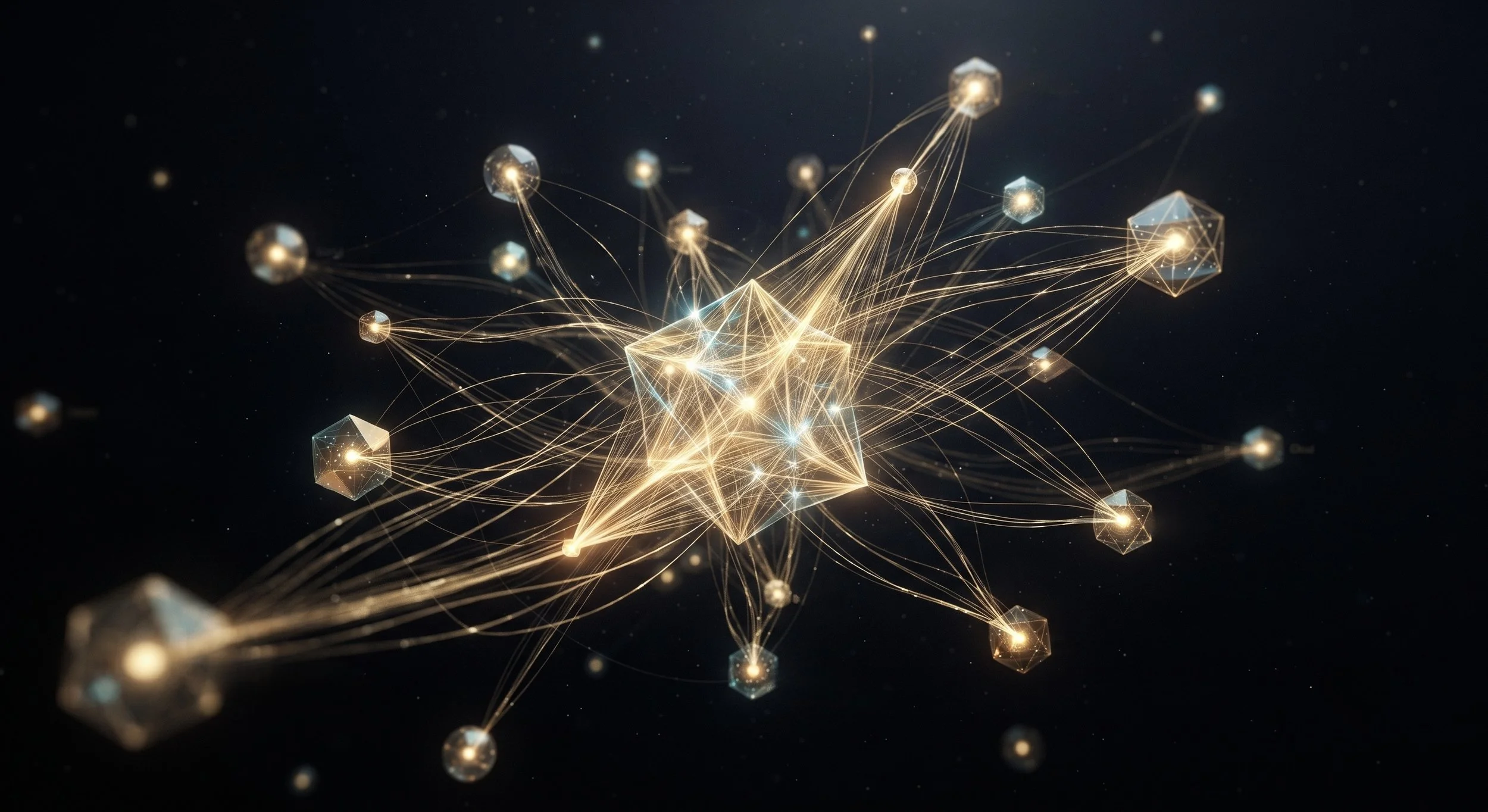 Elektronisch netwerk met geregeurde connecties en geometrische vormen tussen de punten op een donkere achtergrond.