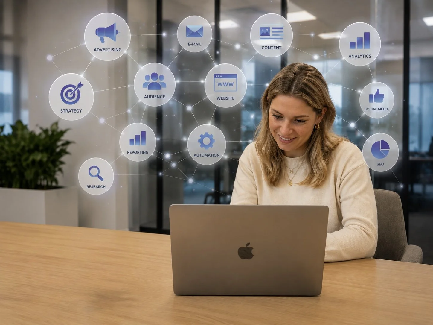 Vrouw werkt aan een laptop met digitale infographic over digitale marketing en communicatie in de achtergrond, inclusief pictogrammen voor strategie, onderzoek, rapportage, publiek, e-mail, website, inhoud, automatisering, analyse, sociale media en SEO.