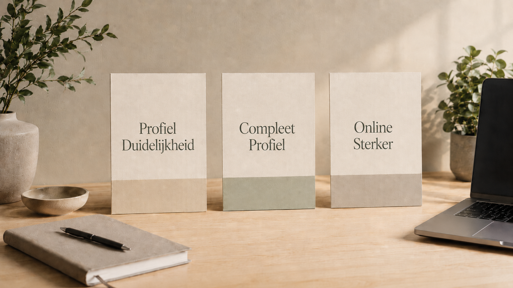 Tafel met drie posters met teksten: 'Profiel Duidelijkheid', 'Compleet Profiel', 'Online Sterker', naast een laptop, notitieboekje met pen, keramieken vazen met groene planten op een houten tafel.