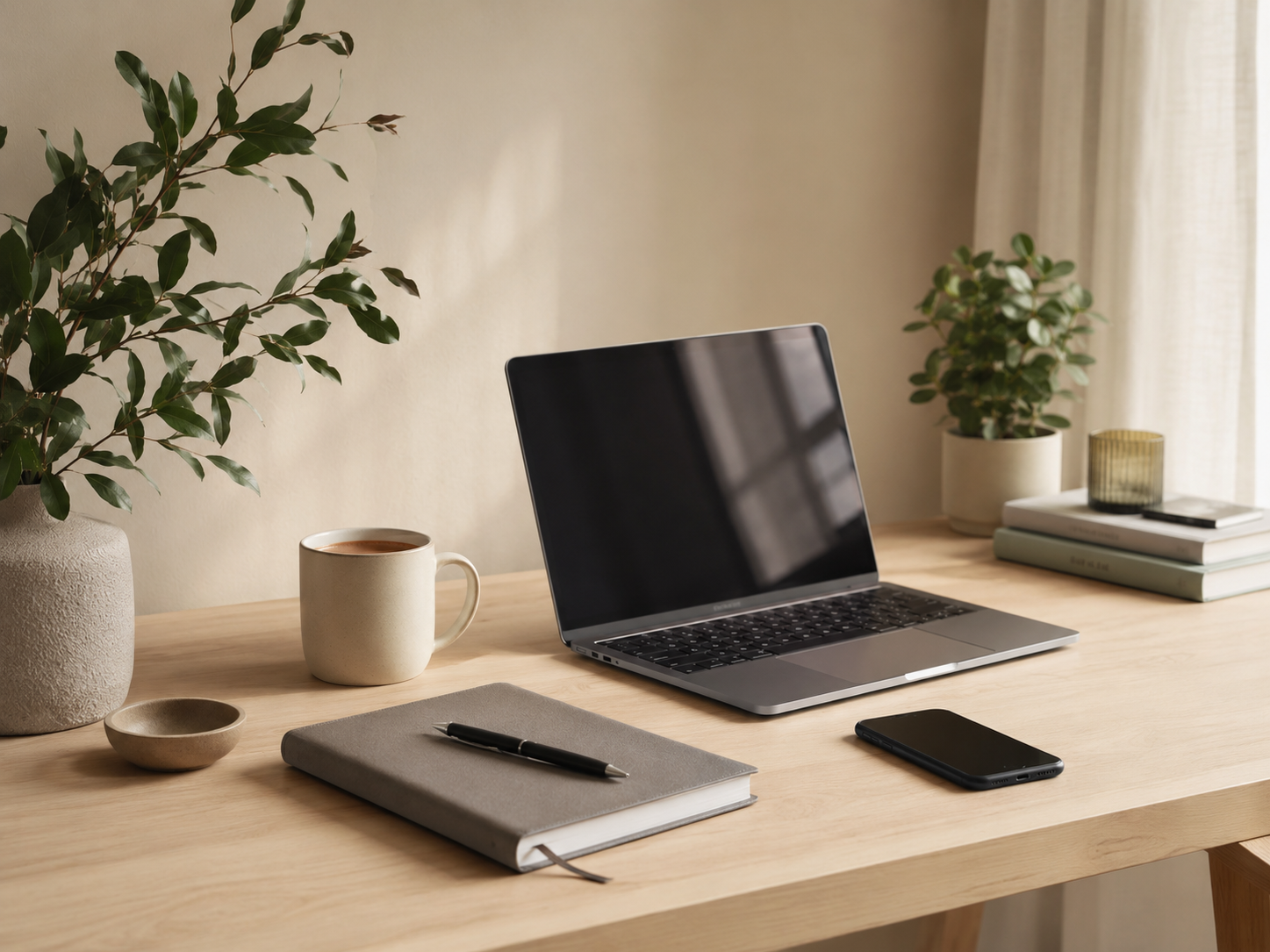 Een minimalistisch thuiskantoor of studeerplek met een houten bureau, een open laptop, een notitieboekje met pen, een smartphone, een kop koffie, twee planten in potten en een stapel boeken, naast een raam met lichte gordijnen.
