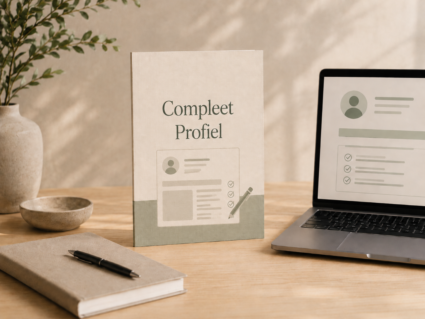 Een boek met de titel 'Compleet Profiel' op een houten bureau, naast een open laptop met vergelijkbare inhoud op het scherm, een pen, een notitieboek en enkele keramieken vazen en schaaltjes.