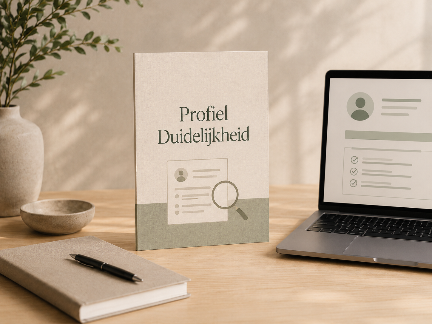 Een boek met de titel 'Profiel Duidelijkheid' op een houten bureau, naast een macbook, een potje, een schaaltje, een pen en een notitieboekje. De achtergrond is een lichte muur, en er is een plant op de linkerkant.