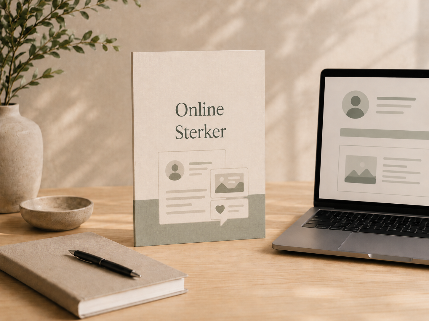 Brochure met de tekst "Online Sterker" op een houten bureau met een laptop, een notitieboek en een pen, naast een vaas en een halve kom, op een rustige, lichte achtergrond.