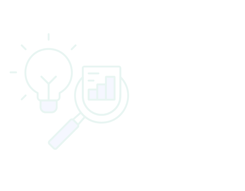 An infographic with a light bulb, a magnifying glass, and a bar chart, representing ideas and data analysis.