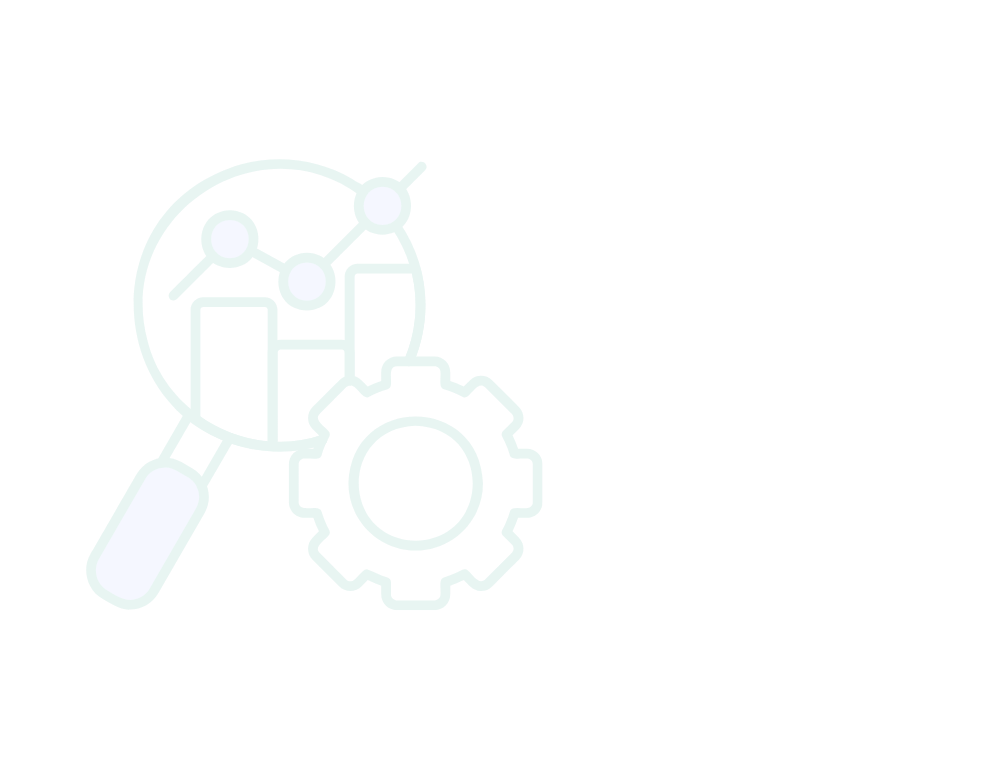 Digital illustration of a magnifying glass, a line graph with data points, and a gear symbol, representing data analysis or business analytics.