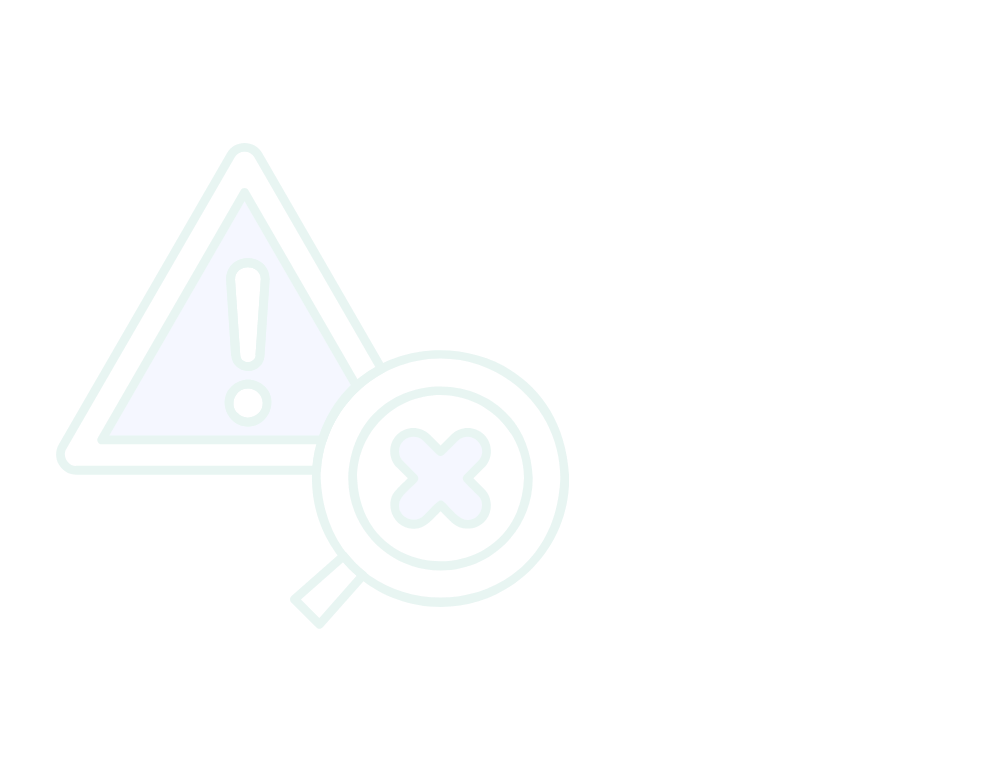 Warning icon with exclamation mark and magnifying glass with an 'X' symbol indicating an error or issue.